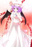  ascot bat_wings brooch chain dei_(dirmu) dress frilled_shirt_collar frilled_skirt frilled_sleeves frills hat hat_ribbon highres jewelry mob_cap puffy_short_sleeves puffy_sleeves purple_hair red_eyes remilia_scarlet ribbon sash short_sleeves skirt slit_pupils solo touhou wings 