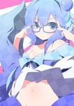  adjusting_eyewear bare_shoulders bespectacled blue_eyes blue_hair glasses groin hair_ornament highres midriff navel nekokan-nekokan piruluk ribbon short_hair solo wixoss 