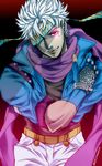  blue_jacket caesar_anthonio_zeppeli dark_persona feathers glowing glowing_eyes hair_feathers headband jacket jojo_no_kimyou_na_bouken male_focus meiji_ken red_eyes scarf solo vampire white_hair 