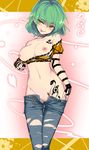  arm_at_side bad_id bad_pixiv_id belt bikini_top breasts breasts_outside cleavage clothes_down denim earrings geeto_gaadian green_hair groin highres hikage_(senran_kagura) jeans jewelry knife large_breasts looking_at_viewer lowleg midriff naughty_face navel nipples off_shoulder pants senran_kagura senran_kagura_shoujo-tachi_no_shin'ei short_hair slit_pupils solo standing tattoo thigh_gap tongue tongue_out torn_clothes torn_jeans torn_pants undressing yellow_eyes 