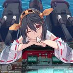  ;) artist_name biting black_hair cannon chin_rest cursor detached_sleeves fourth_wall gameplay_mechanics hair_between_eyes hair_ornament hairband hairclip haruna_(kantai_collection) headgear highres kantai_collection long_hair looking_at_viewer mecha_musume mouth_hold one_eye_closed orange_eyes partially_submerged ribbon-trimmed_sleeves ribbon_trim smile solo through_screen trolling turret twitter_username water wide_sleeves yunamul 