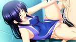  1boy 1girl amasaka_takashi blue_hair blush clothed_sex erection eyes_closed from_above game_cg koimekuri_clover long_hair open_mouth penis pussy pussy_juice sakanoue_mikana sex spread_legs swimsuit thighs uncensored vaginal 