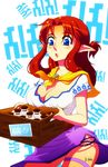  1girl blue_eyes blush bottle breasts freckles large_breasts malon milk milk_bottle ocarina_of_time open_mouth orange_hair pointy_ears red_hair sideboob solo the_legend_of_zelda the_legend_of_zelda:_ocarina_of_time 
