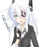  blue_eyes commentary_request cosplay eve_(kenzen) eyepatch fingerless_gloves gloves headgear hibiki_(kantai_collection) highres kantai_collection long_hair necktie open_mouth school_uniform simple_background solo tears tenryuu_(kantai_collection) tenryuu_(kantai_collection)_(cosplay) translated wavy_mouth white_background white_hair 