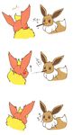  :3 blush brown_eyes closed_eyes comic eevee flareon food gen_1_pokemon looking_at_another no_humans partially_translated pocky pocky_kiss pokemon pokemon_(creature) shared_food sweat translation_request trolling wataametulip 