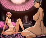  ass barefoot black_eyes black_hair bracelet breasts collarbone flat_chest jewelry jug kajichan long_hair looking_at_viewer multiple_girls navel nipples nude original parted_lips pink_eyes pink_hair short_hair smirk spread_legs steam stomach topless 