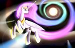  a_comet absurd_res blumagpie crown equine eyeshadow female flying friendship_is_magic glowing gold hair hi_res horn magic makeup mammal my_little_pony necklace pink_hair planet princess_celestia_(mlp) solo space star sun winged_unicorn wings 