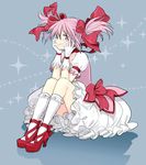  bubble_skirt choker gloves hair_ribbon hands_on_own_cheeks hands_on_own_face kaname_madoka kneehighs magical_girl mahou_shoujo_madoka_magica pink_eyes pink_hair ribbon saji_(mei-low) short_twintails sitting skirt smile solo twintails white_legwear 