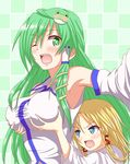  armpits azuuru bad_id bad_nicoseiga_id bare_shoulders blonde_hair blue_eyes blush breast_grab breasts checkered checkered_background detached_sleeves expressive_clothes frog_hair_ornament grabbing green_eyes green_hair hair_ornament hair_tubes highres kochiya_sanae large_breasts moriya_suwako multiple_girls no_hat no_headwear one_eye_closed open_mouth snake_hair_ornament touhou upper_body 