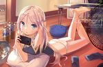  artist_name bare_legs barefoot beer_can blonde_hair blue_eyes braid can cellphone chips crossed_legs electric_fan food hair_between_eyes hair_tucking half_updo highres long_hair looking_at_viewer lying million_arthur_(series) no_pants on_stomach open_mouth panties phone potato_chips smartphone solo underwear white_panties yunamul 