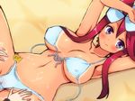  armpits badge bikini bikini_tan blue_bikini blush breasts chro_(rulurullu) covered_nipples front-tie_top fuuro_(pokemon) hair_ornament large_breasts long_hair looking_at_viewer lotion lying multiple_girls navel on_back open_bikini open_clothes pokemon pokemon_(game) pokemon_bw purple_eyes red_hair sand sidelocks smile swimsuit tan tanline touko_(pokemon) untied untied_bikini wristband 