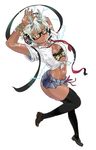  black_legwear breasts cleavage dark_skin electricity glasses horns medium_breasts midriff navel orange_eyes rebis short_hair skirt smile solo sweat thighhighs white_hair 