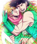  black_hair blonde_hair caesar_anthonio_zeppeli facial_mark fingerless_gloves gloves green_eyes green_jacket headband hug jacket jojo_no_kimyou_na_bouken joseph_joestar_(young) meiji_ken multiple_boys scarf tears 