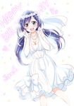  blue_eyes blush bow breasts bridal_veil cleavage dress elbow_gloves gloves happy_birthday head_wreath jewelry large_breasts long_hair love_live! love_live!_school_idol_project low_twintails necklace open_mouth purple_hair sakurai_makoto_(custom_size) smile solo tears toujou_nozomi twintails veil wedding_dress white_gloves 