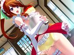  adjusting_clothes adjusting_panties apron ass berochu! blush brown_hair game_cg long_hair maid_headdress misono_chiharu nakano_sora nearly_naked_apron open_mouth panties purple_eyes smile solo tray underwear waitress yellow_panties 