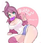  artist_name asahina_aoi bad_id bad_pixiv_id breasts breasts_apart danganronpa danganronpa_1 denim denim_shorts doughnut food green_eyes hair_ornament hairclip hips hiraga_na jacket large_breasts looking_at_viewer mouth_hold purple_hair shorts single_thighhigh solo thighhighs thighs twitter_username w white_background 