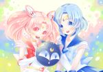  :d back_bow bishoujo_senshi_sailor_moon blue_choker blue_eyes blue_hair blue_sailor_collar bow brooch chibi_usa choker colored_eyelashes double_bun elbow_gloves gloves hair_ornament hairpin heart heart_choker highres jewelry kochakko luna-p magical_girl mizuno_ami multicolored multicolored_background multiple_girls open_mouth pink_eyes pink_hair pink_sailor_collar ribbon sailor_chibi_moon sailor_collar sailor_mercury sailor_senshi sailor_senshi_uniform short_hair smile star star_choker super_sailor_chibi_moon super_sailor_mercury twintails white_gloves 