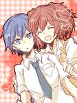  akuma_no_riddle azuma_tokaku blue_eyes blue_hair checkered checkered_background closed_eyes heart hug hug_from_behind ichinose_haru multiple_girls necktie open_mouth red_hair school_uniform short_hair skirt smile sweatdrop sweater_vest twintails zawameki 