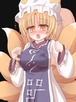  1girl blonde_hair blush breast_grab breasts covered_nipples dress fox_tail frills grabbing hat hetero kitsune lactation lactation_through_clothes large_breasts multiple_tails open_mouth pillow_hat ry short_hair solo_focus tabard tail tassel touhou white_dress yakumo_ran yellow_eyes 