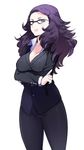  blue_eyes breast_hold breasts cleavage crossed_arms formal glasses hair_ornament hairclip index_finger_raised large_breasts lips long_hair long_sleeves looking_at_viewer mature missing_stars ms._wieck naso4 pant_suit pants purple_hair simple_background smile solo standing suit teacher wavy_hair white_background wing_collar 