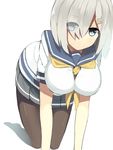 all_fours between_breasts blue_eyes breasts brown_legwear hair_ornament hair_over_one_eye hairclip hamakaze_(kantai_collection) impossible_clothes impossible_shirt kantai_collection large_breasts mori_burin pantyhose pleated_skirt school_uniform serafuku shirt short_sleeves silver_hair simple_background skirt solo white_background 