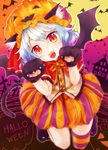  :3 animal_ears bat_wings capelet cat_ears cat_paws cat_tail disguise gradient_eyes halloween hat highres kemonomimi_mode lavender_hair mob_cap multicolored multicolored_eyes orange_eyes paws pumpkin_hat red_eyes remilia_scarlet shironeko_yuuki short_hair skirt solo tail touhou wavy_hair wings 