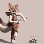  barefoot black_nose canine clothing duo fluffy_tail fox grey_background hair male mammal monster pen plain_background red_eyes startled tablet tea teacup 