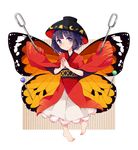  bad_id bad_pixiv_id barefoot blue_eyes blush border bowl bowl_hat bug butterfly hands_clasped hat insect japanese_clothes kimono light_smile looking_at_viewer minigirl monarch_butterfly needle obi own_hands_together pin pinned purple_hair restrained rice_bowl sash short_hair size_comparison solo striped striped_background sukuna_shinmyoumaru touhou vertical-striped_background vertical_stripes wan_mame white_border wide_sleeves 