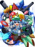  amakoke anchor backpack bad_id bad_pixiv_id bag bamboo battery bazooka bishamonten's_pagoda blue_eyes blue_hair book boots cannonballs cloud cup diamond drill flower hair_bobbles hair_ornament hat highres kawashiro_nitori key knife leaf leaf_on_head mallet missile open_mouth orb party_popper refrigerator sakazuki shield shoot_shoot_nitori short_hair solo sunflower television touhou turret two_side_up voodoo_doll washing_machine water_gun weapon yin_yang 