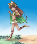  1girl animal_ears barefoot bastet_(p&amp;d) brown_hair cat_ears cat_tail desert destruction giantess green_eyes highres long_hair lots_of_jewelry mountain puzzle_&amp;_dragons skirt tail tan terada_ochiko tiara 