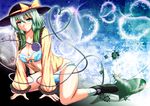  arm_support blouse blue_bra blue_panties blush bow bra breasts cleavage collarbone green_eyes green_hair hat hat_bow hat_ribbon heart heart_background heart_of_string kneeling komeiji_koishi large_breasts leaning_forward looking_at_viewer older open_clothes panties ribbon solo taka_(hiroa) third_eye touhou underwear wide_sleeves yellow_blouse yellow_bow 