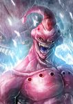  black_sclera crazy_smile dragon_ball dragon_ball_z fangs highres juan_arrabel_hernandez majin_buu male_focus muscle pink_skin rape_face red_eyes solo zoom_layer 