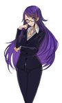  belt blue_eyes breasts cleavage earrings formal glasses highres jewelry long_hair medium_breasts mins missing_stars ms._wieck necklace pant_suit pants purple_hair smile suit very_long_hair 