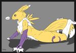  ? abs ambiguous_gender anthro backlash91 butt canine claws digimon english_text fox frown fur gloves hi_res looking_at_viewer lying mammal nude on_floor pawpads paws question renamon sharp_claws solo text toe_claws 