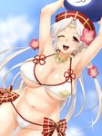  armpits ball beachball bikini breasts cleavage cloud day groin hat highres large_breasts one_eye_closed open_mouth r44 red_eyes sengoku_collection smile solo sparkle swimsuit takeda_shingen_(sengoku_collection) white_bikini white_hair 