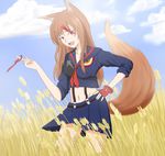  :d animal_ears brown_hair cosplay crossover fang gloves highres holo kill_la_kill koshimizu_ami long_hair matoi_ryuuko matoi_ryuuko_(cosplay) navel open_mouth otpsqueekz red_eyes scissor_blade seiyuu_connection senketsu single_glove smile solo spice_and_wolf tail wheat wolf_ears wolf_tail 