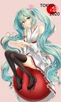  2020 2020_summer_olympics aqua_eyes aqua_hair bad_id bad_pixiv_id chorin_(yl) detached_sleeves flower hair_flower hair_ornament hatsune_miku long_hair olympics sitting solo thighhighs twintails very_long_hair vocaloid 