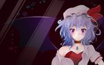 absurdres ankh_(ankh_05) blue_hair blush bow choker eyelashes fang frown hat hat_bow highres jewelry light lips mob_cap off_shoulder open_clothes pendant purple_eyes remilia_scarlet solo touhou wallpaper 
