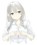  blush breasts character_request cleavage grey_eyes head_tilt highres large_breasts long_hair muted_color open_clothes open_shirt shirt silver_hair simple_background sketch sleeves_folded_up solo unasaka_ryou white_background 