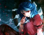  awa_toka blue_hair long_sleeves looking_at_viewer mirror neckerchief red_eyes rope shimenawa shirt short_over_long_sleeves short_sleeves sitting skirt solo touhou yasaka_kanako 