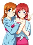  ;) alternate_hairstyle bad_id bad_pixiv_id blue_eyes brown_hair cosplay hair_down hood hoodie inuzuka_bouru kousaka_honoka long_hair love_live! love_live!_school_idol_project multiple_girls nishikino_maki one_eye_closed purple_eyes red_hair smile sonoda_umi sonoda_umi_(cosplay) toujou_nozomi toujou_nozomi_(cosplay) twintails v wavy_mouth 