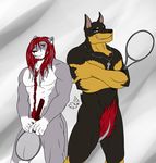  convenient_censorship doberman dog duo feline hunter hunterramirez lion male mammal muscles smile tennis 