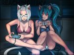  animal_ears barefoot blue_eyes bra breasts cameltoe cat_ears cat_tail cleavage controller couch covered_nipples dark_skin food game_console game_controller gamepad glasses green_hair knees_together_feet_apart large_breasts long_hair multiple_girls nekochank original panties playing_games pocky red_eyes semi-rimless_eyewear short_hair side_ponytail sitting slit_pupils strap_slip striped striped_panties super_famicom super_famicom_gamepad tail under-rim_eyewear underwear underwear_only white_hair 
