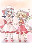  ascot asymmetrical_wings bat_wings blonde_hair blouse bobby_socks bow dress flandre_scarlet hair_bow hat highres holding_hands lavender_hair looking_at_another looking_at_viewer mary_janes mob_cap multiple_girls pink_dress red_blouse red_eyes red_skirt remilia_scarlet shironeko_yuuki shoes short_hair siblings side_ponytail sisters skirt skirt_set socks stuffed_animal stuffed_bunny stuffed_toy touhou wings 