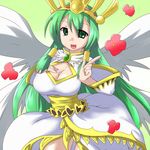  angel_wings breasts ceres_(p&amp;d) cleavage cleavage_cutout crown dress feathered_wings flower gradient gradient_background green_background green_eyes green_hair hair_tubes hand_on_breast heart ichigoya_(mazikayu) jewelry large_breasts long_hair long_sleeves multicolored multicolored_background open_mouth petticoat pointing puzzle_&amp;_dragons red_flower simple_background smile solo white_background white_dress white_wings wings 