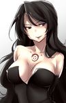  1girl bare_shoulders black_dress black_gloves black_hair breasts cleavage collarbone dress female fullmetal_alchemist gloves homunculus lipstick long_hair lust makeup medium_breasts ouroboros purple_eyes purple_lipstick sleeveless sleeveless_dress solo strapless_dress tattoo upper_body wavy_hair xayux 