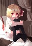  absurdres bed black_legwear blonde_hair bloomers blush canopy_bed eluthel feet hair_ribbon highres long_sleeves looking_at_viewer no_pants on_bed pillow red_eyes ribbon rumia shirt sitting sitting_on_bed skirt skirt_removed solo thighhighs touhou underwear 