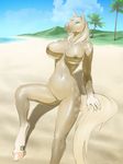  beach breasts equine equus female hair hooves horse looking_at_viewer mammal nude palm_tree pussy sea seaside sitting solo water 