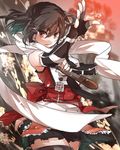  bangs brown_eyes brown_hair cloud elbow_gloves embers fingerless_gloves gloves kantai_collection looking_at_viewer miwano_ragu remodel_(kantai_collection) scarf school_uniform sendai_(kantai_collection) serafuku short_hair skirt smile smoke solo torpedo two_side_up 