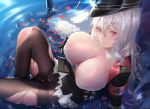  1girl azur_lane bangs black_legwear breasts cherry_blossoms cleavage commentary_request fur_trim graf_zeppelin_(azur_lane) hair_between_eyes hat hk_(hk) huge_breasts iron_cross long_hair looking_at_viewer lying on_back pantyhose partially_submerged peaked_cap red_eyes silver_hair solo thighband_pantyhose torn_clothes torn_legwear uniform 
